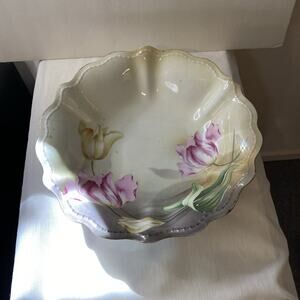 RS GERMANY PRUSSIA PORCELIN 11 "BOWL WITH TULIP FLORAL DECORATION